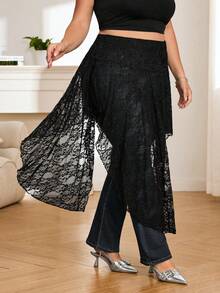 SHEIN CURVE+ Chân váy ren dáng lệch vạt thời trang mùa hè/xuân dành cho nữ cỡ lớn - màu đen - Xem 5