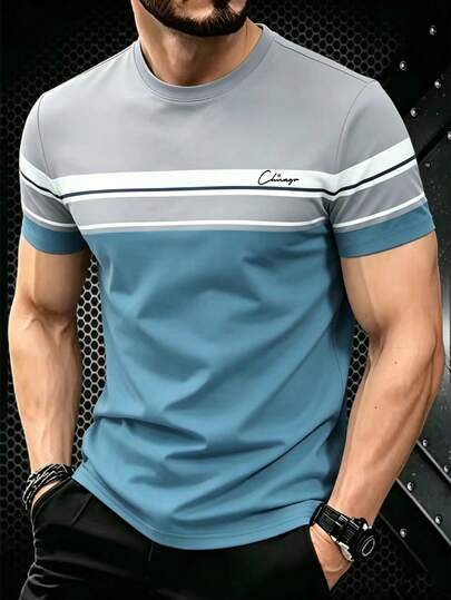 NEOREFINED Camiseta gráfica casual y retro de hombre con rayas y contraste de color Chicago