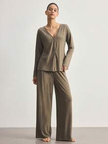 Ocili Minimalist Comfortable Collarless Soft Pajama Set For Women - Mocha Brown - View 2