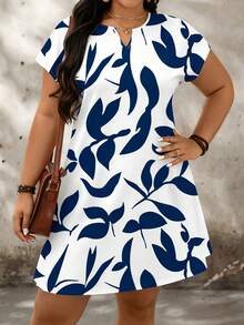 SHEIN LUNE Casual Minimalist Color Block Pattern Loose Short Sleeve Plus Size Dress, Suitable For Summer - Navy Blue - View 5