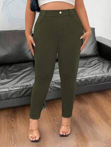 SHEIN PETITE Quần skinny dáng ôm, cạp chun, màu trơn, phong cách tối giản thường ngày. - xanh quân đội - Xem 4
