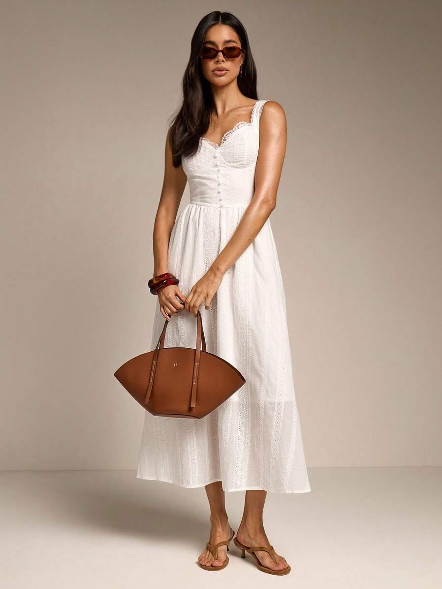 Women's Elegant Spaghetti Strap Deep V-Back Lace Midi Dress, A-Line, Suitable For Spring/Summer Outings, Weddings, Wedding Guests - White - View 1