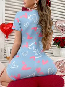 SweetSlumber Bộ đồ ngủ liền thân họa tiết trái tim dành cho nữ - Màu xanh lam - Xem 2