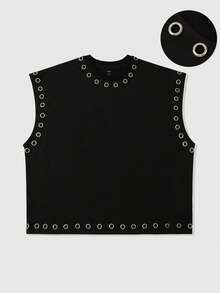 ROMWE MEN Essentials Men's Round Neck Metal Grommet Decor Casual Versatile Daily Wear Top - Black - View 4