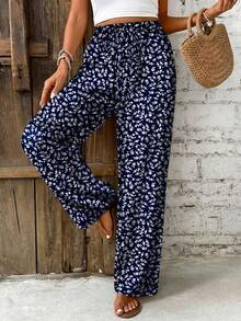 SHEIN Frenchy Women's Ditsy Floral Elastic Waist Casual Pants - Navy Blue - View 3
