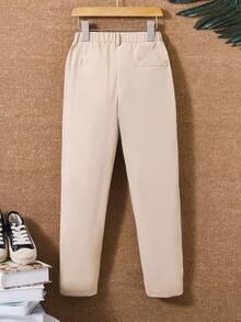 SHEIN Mirajuku Tween Boy Solid Color Elastic Waist Pleated Pocket Casual Tapered Pants - Khaki - View 2