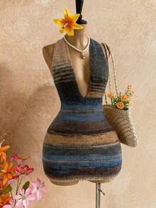 SaltGleam SaltGleam Women's Contrast Color Deep V Sexy Fashion Halter Knit Dress Golf Pastal Summer - Multicolor - View 1