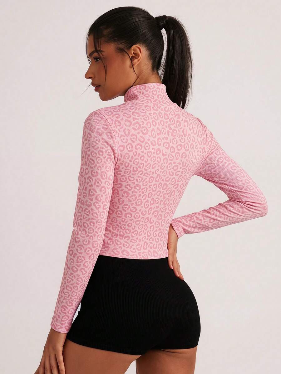 Dewbera Women's Leopard Print Zip Front Sports Jacket - Pink - View 1