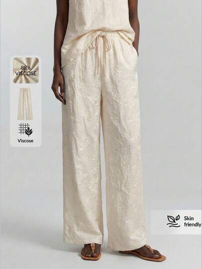 Ontre Women's Apricot Embroidered Comfortable Soft Fabric Elastic Waist Straight Leg Wide Leg Pants, Embroidered Craftsmanship, Modern Resort Beach Bohemian Style, Country Music Festival Western Style Casual Fashion, Low-Key Vintage High-End Feel, Cruise Wear, Minimalist Luxurious Quality Essential Outfit, Business Casual Urban Commuter Clothing, High-Quality Airport Fashion, Versatile Seasonal Women's Trousers Boho