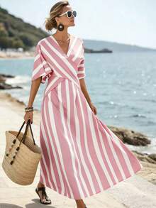 SHEIN Holidaya 女士黄色条纹宽松度假春夏V领修身连衣裙，适合度假、休闲、居家和日常活动 - 粉色 - 查看 8