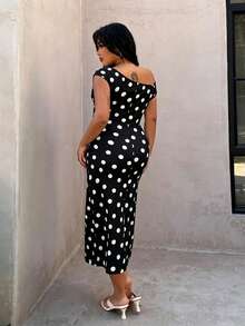 Plus Size Elegant Asymmetrical Shoulder Polka Dot Dress, Spring/Summer - Black and White - View 2