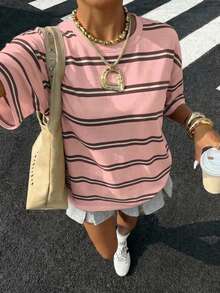 SHEIN EZwear 休闲简约粉棕条纹圆领宽松短袖T恤，适合夏季穿着 - 彩色 - 查看 6