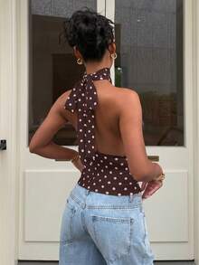 Muchica Pink And Brown Polka Dot Background Polka Dot Halter Neck Tank Top For Women,Summmer Top Party Elegent - Brown - View 2