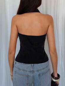 TRNVIE Áo sơ mi nữ mùa hè thanh lịch màu đen cổ giọt nước khoét lỗ gợi cảm cài nút kiểu đuôi cá không tay eo chun hở lưng - màu đen - Xem 2