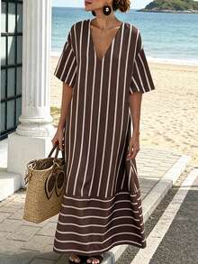 SHEIN LUNE CURVE Große Größen gewebtes bedrucktes lässiges Urlaubs Große Größen Sommerkleid für Damen - Kaffeebraun - Übersicht 1