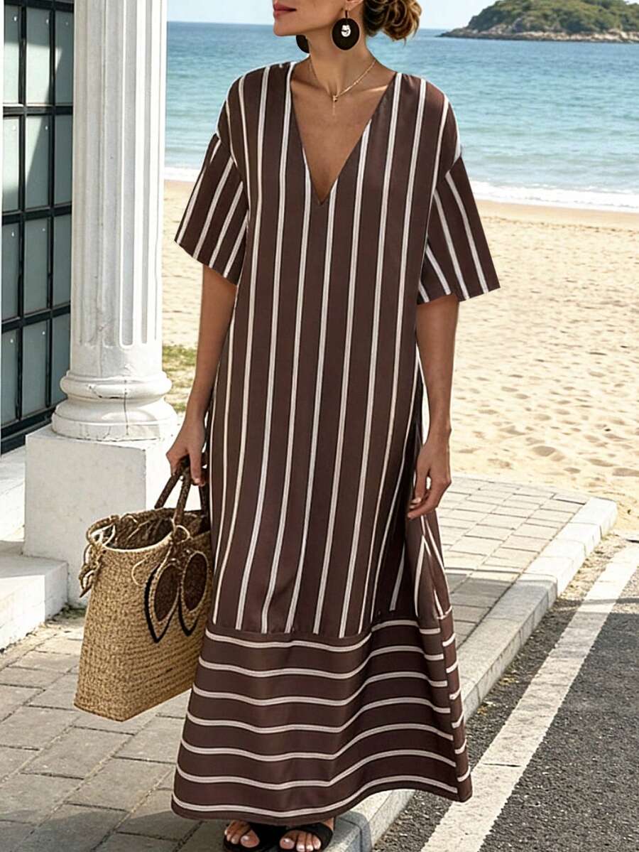 SHEIN LUNE CURVE Große Größen gewebtes bedrucktes lässiges Urlaubs Große Größen Sommerkleid für Damen - Kaffeebraun - Übersicht 1
