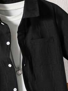 SHEIN 2pcs Tween Boy Fashion Versatile Single-Breasted Short Sleeve Shirt And Casual Pocket Shorts Set - Black - View 3