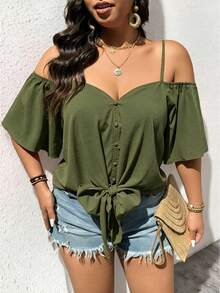 EMERY ROSE Fashionable Casual Retro V-Neck Off-Shoulder Tie-Up Shirt - Olive Green - View 8