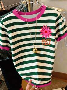 Resyla Women's Summer Top, Red And Green Striped Color-Block Splicing, All-Over Print Design, Comfortable, Lightweight And Breathable Fabric, Suitable For Spring And Su - Multicolor - View 2