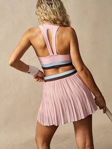VARSIVA 女士撞色条纹印花露背背心和百褶迷你裙运动套装 - 彩色 - 查看 7