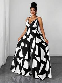 Maweii French Vacation Style Fashionable Printed Plunging Neck Jumpsuit, Waist Cinching Flared Leg Pants For Summer - Black and White - View 5