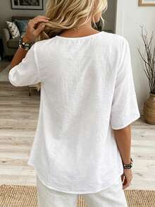 EMERY ROSE Vacation Style Casual Hollow Out White Shirt - White - View 2
