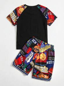 SHEIN Tween Boy Letter Print Raglan Short Sleeve T-Shirt And Knit Shorts 2 Pieces Set - Multicolor - View 3