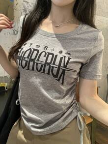 DAZY Women's Letter Print Round Neck Short Sleeve Casual Drawstring T-Shirt - Grey - View 6
