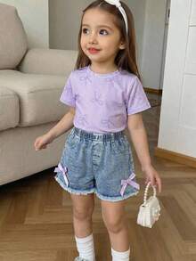 Genkimix Kids 女童休闲甜美日常圆领短袖蝴蝶印花露脐T恤和松紧腰蝴蝶牛仔短裤套装 - 紫色 - 查看 5
