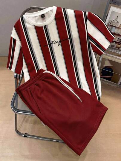 Manfinity Joysei Men's Letter & Stripe Print Round Neck Short Sleeve T-Shirt And Shorts Casual Set