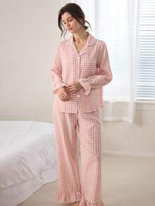 Ocili 波西米亚风印花棉质灯笼袖上衣和裤子女士睡衣套装，秋冬服装 - 粉色 - 查看 5