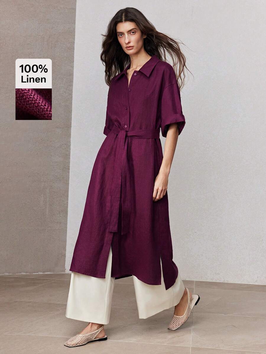 ZEYLAH Vestido largo con cinturón, de ajuste holgado y cuello de camisa, 100% lino, primavera - Burdeos - Ver 1