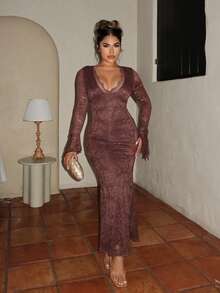 Maria Perezxox Solid Color Knit Lace Ruffle Hem Dress For Women, Vacation Going Out Outfit, Elegant Sexy Party Date Night Outfits Women, Christmas Outfit Women, Elegant Wedding Guest Outfits, Boho New Year Look, Elegant Party Outfit, Luxury Evening Outfit For Women,Dresses For Women Elegant,New Year Dress ,Elegant Party Dresses,Dresses For Women Elegant - Coffee Brown - View 1