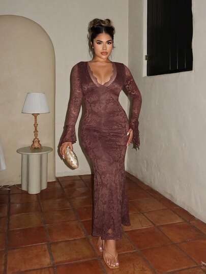 Maria Perezxox Váy ren dệt kim màu trơn viền bèo nhún cho nữ, đi nghỉ