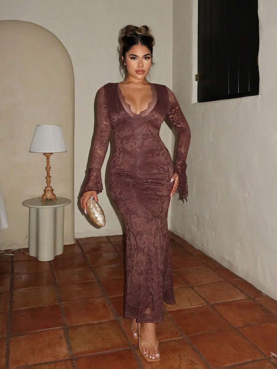 Maria Perezxox Solid Color Knit Lace Ruffle Hem Dress For Women, Vacation Going Out Outfit, Elegant Sexy Party Date Night Outfits Women, Christmas Outfit Women, Elegant Wedding Guest Outfits, Boho New Year Look, Elegant Party Outfit, Luxury Evening Outfit For Women,Dresses For Women Elegant,New Year Dress ,Elegant Party Dresses,Dresses For Women Elegant - Coffee Brown - View 1