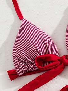 Swim Mod Bộ bikini buộc dây cổ màu tương phản kẻ sọc dành cho nữ cỡ lớn - Nhiều màu - Xem 4