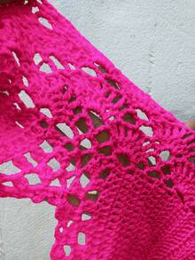 SHEIN MOOSTA Plus Size Women Handmade Crochet Neck Tie Beach Cover Up Knitted Cover Up For Summer Beach Vacation - Hot Pink - View 6