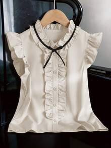 Elladie kids 少女春夏休闲优雅通勤甜美圆领无袖荷叶边复古风衬衫，纯色衬衫 - 杏色 - 查看 7
