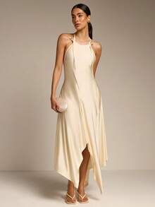 Women's Elegant Draped Neck Sleeveless Asymmetrical Hem Dress, Versatile For Dating, Beach, Vacation, Spring/Summer - Apricot - View 3
