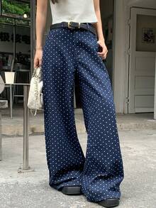Quần jeans ống rộng chấm bi dáng rộng thoải mái dành cho nữ - Màu xanh lam - Xem 5