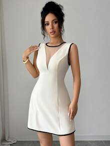 Elenzga Vestido elegante y romántico para mujer con cuello redondo sin mangas, bloque de color, parches de tela y cintura en línea A - Albaricoque - Ver 4