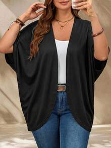 EMERY ROSE Plus Size Casual Solid Color Batwing Sleeve Jacket - Black - View 3