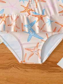 Baby Girls' Pink Bow Print Long Sleeve Ruffled Hem One-Piece Swimsuit - Pink - View 3
