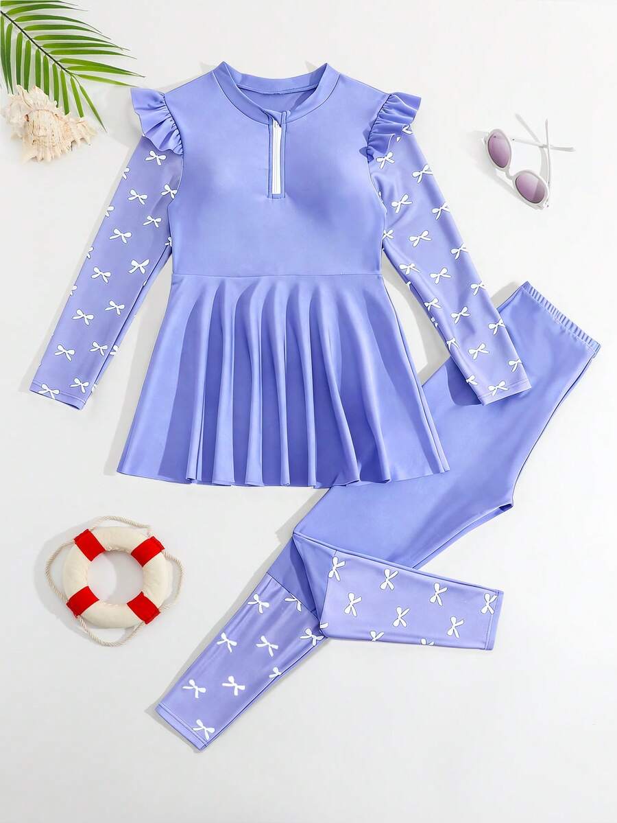 SHEIN 少女比基尼套装 – 休闲、保守、紫色、可爱蝴蝶结印花、针织面料、前中收腰设计、肩部荷叶边、裤子、印花罩衫、两件套 + 长袖上衣/裙子/长裤 – 时尚、休闲、优雅、精致、女性化 – 适合游泳、夏季假期、夏季海滩、海边、泳池、游泳池、派对休闲度假。蓝色儿童服装，蓝色女童服装，少女泳装，长袖带裙泳装，女童布基尼泳装，穆斯林女童泳装。