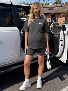 SHEIN 2pcs Maternity Letter Print Casual Short Sleeve T-Shirt And Adjustable Waist Shorts Set Maternity Sets Outfit For Pregnant Women Maija Women Clothing 2piece Outfit For Women Set Casual Pijams Summer Set For Woman - Grey - View 3