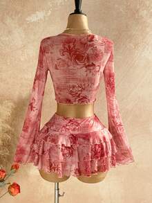 Soleia 大码女式复古花卉字母印花系带长袖罩衫+迷你裙两件套，休闲装，适合度假、约会、下午茶、海滩、邮轮、城市旅行、音乐节、派对、波西米亚风、嬉皮风、西部风、日常通勤等场合。 - 淺粉色 - 查看 2