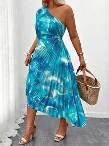 Breezaya Đầm xếp ly không tay cổ lệch màu ombre thanh lịch dành cho phụ nữ cỡ lớn - Màu xanh lam - Xem 6