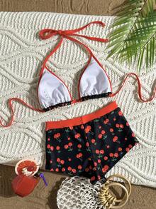 SHEIN Swim Mod Women's New Summer Beach Vacation Style Cute Cherry Print Bikini,Halter-Neck Backless Triangle Cup Top And Beach Shorts, Zestiva Swimsuit, Cherry Print Shorts, Cherry Swimsuit - Multicolor - View 3