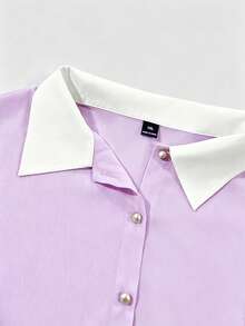 Franclia Áo kiểu nữ cỡ lớn màu hồng thanh lịch mới cho mùa hè, chất liệu chiffon, cổ trắng, dáng rộng, tay ngắn. Thích hợp cho mùa hè, lễ hội và các dịp nghỉ lễ. Đặc điểm nổi bật bao gồm cúc kim loại trang trí, kiểu dáng đa năng, cổ áo tương phản, dáng rộng, tay ngắn và vải xếp ly. Trang phục mùa tốt nghiệp, trang phục công sở thời trang, trang phục công sở, trang phục thường ngày năng động và chuyên nghiệp. - Màu tím hoa cà - Xem 3