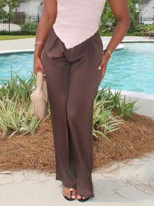 女士复古优雅提花卷边褶皱阔腿裤，秋冬 - 咖啡棕 - 查看 5